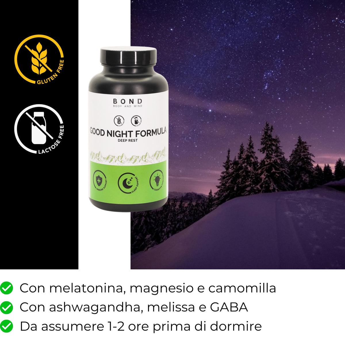 Formula DormiBene con melatonina, magnesio e camomilla, da assumere 1-2 ore prima di dormire